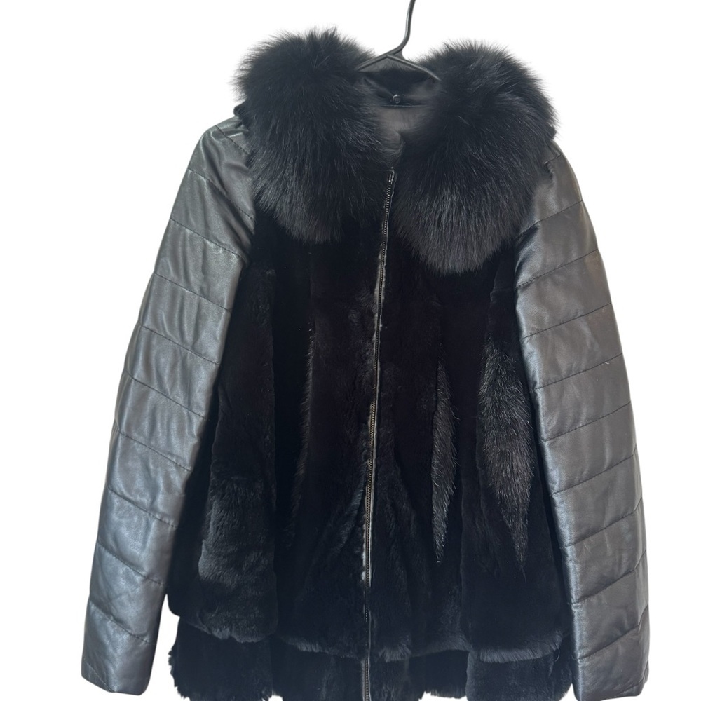 TONYPAULO Black rabbit  Fur & faux Leather Statement Jacket LExcellent condition - Picture 2 of 8